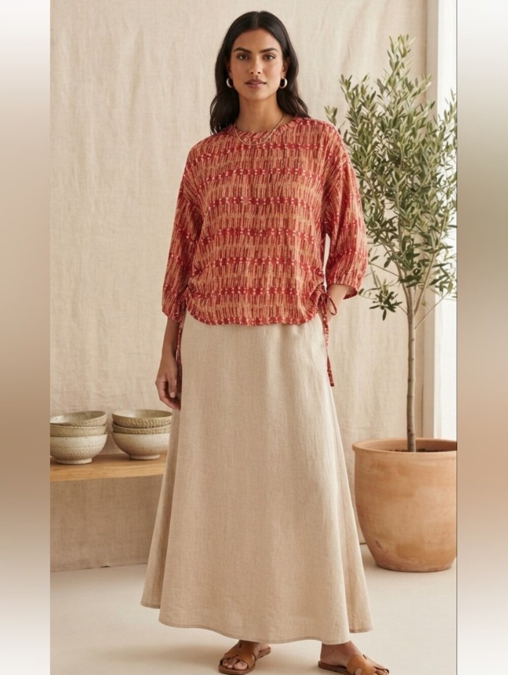 Nadine 2 Piece Red Gold Blouse & Maxi Skirt Set Size Large NWT